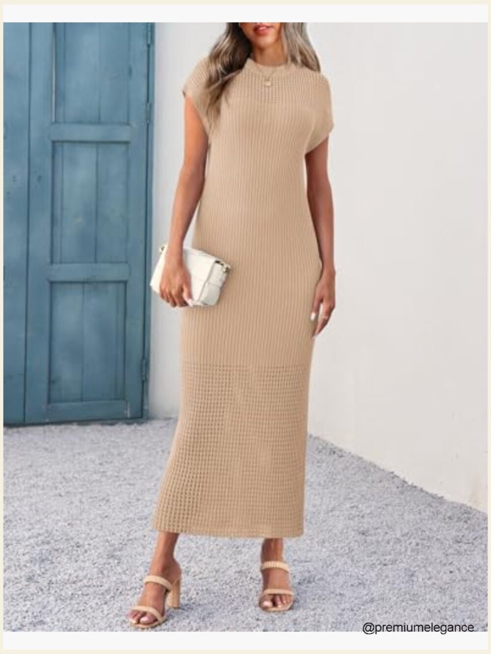 Ribbed Knit Maxi Dress Cap Sleeve Crewneck Casual Summer - Picture 2 of 7